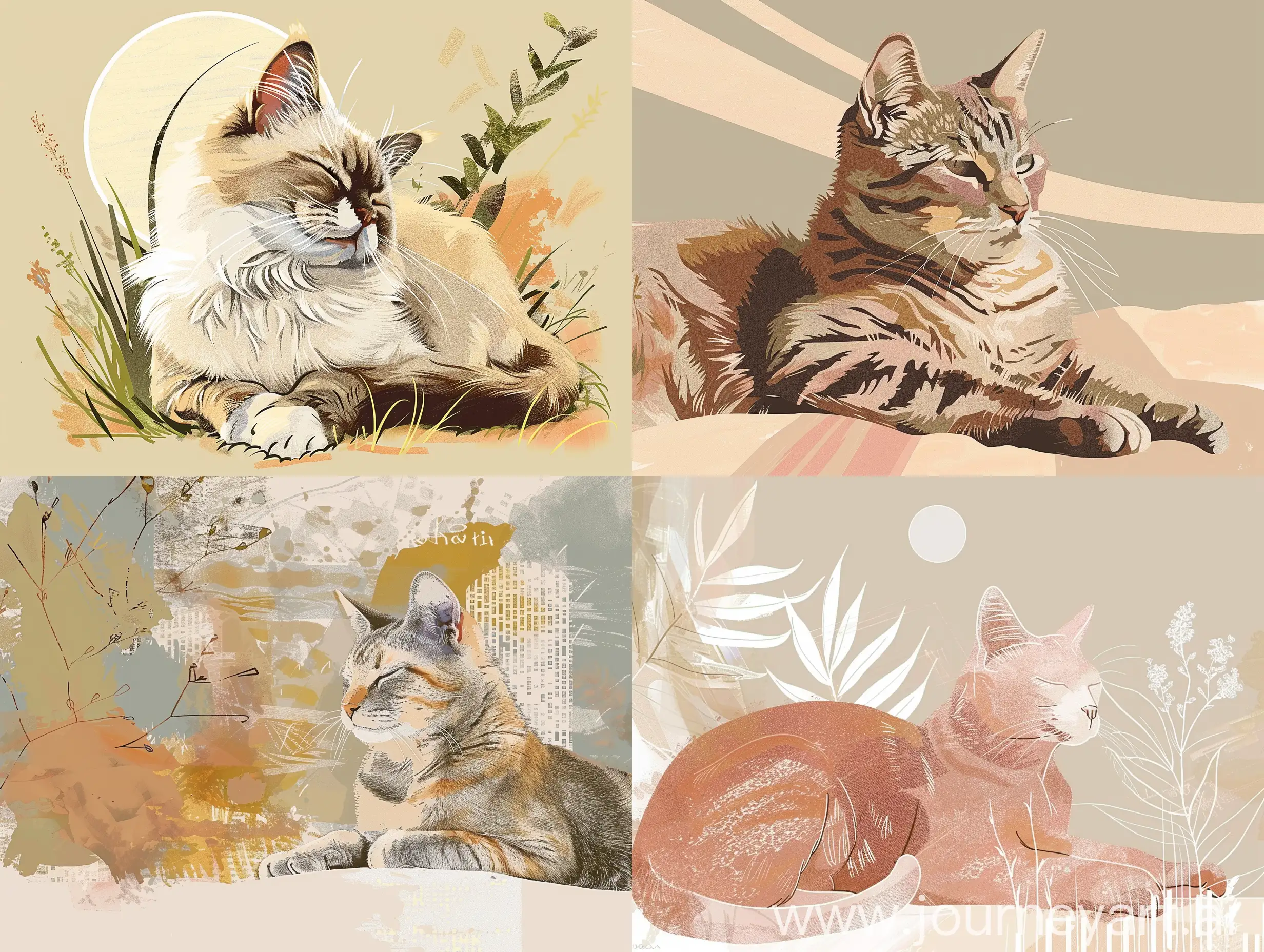Resting cat, 
Digital illustration, contemporary, pastel and earth tones.  

The image is a digital illustration that appears to be contemporary, based on the crisp and uniform appearance of the text and the clean lines of the design elements. There are
