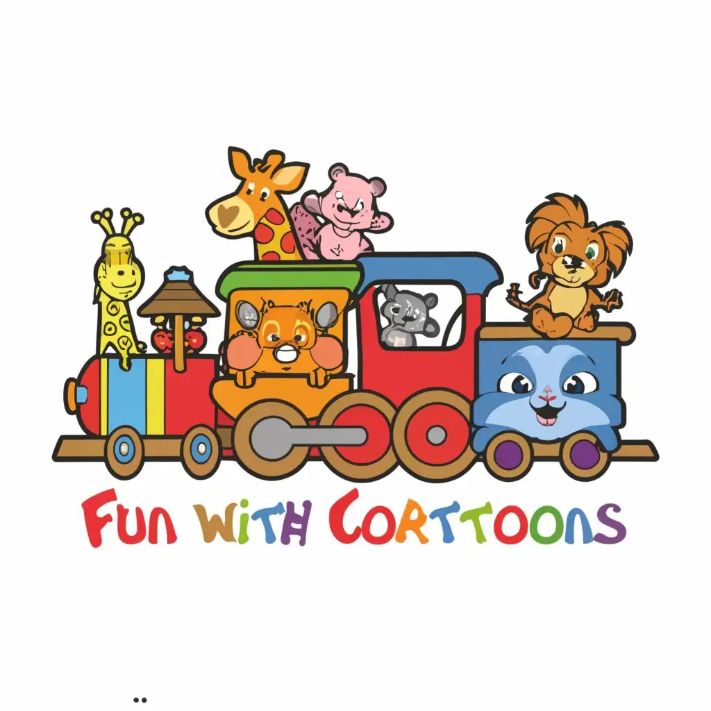 a logo design,with the text "fun with cartoons", main symbol:train and kids animals,complex,be used in Animals Pets industry,clear background