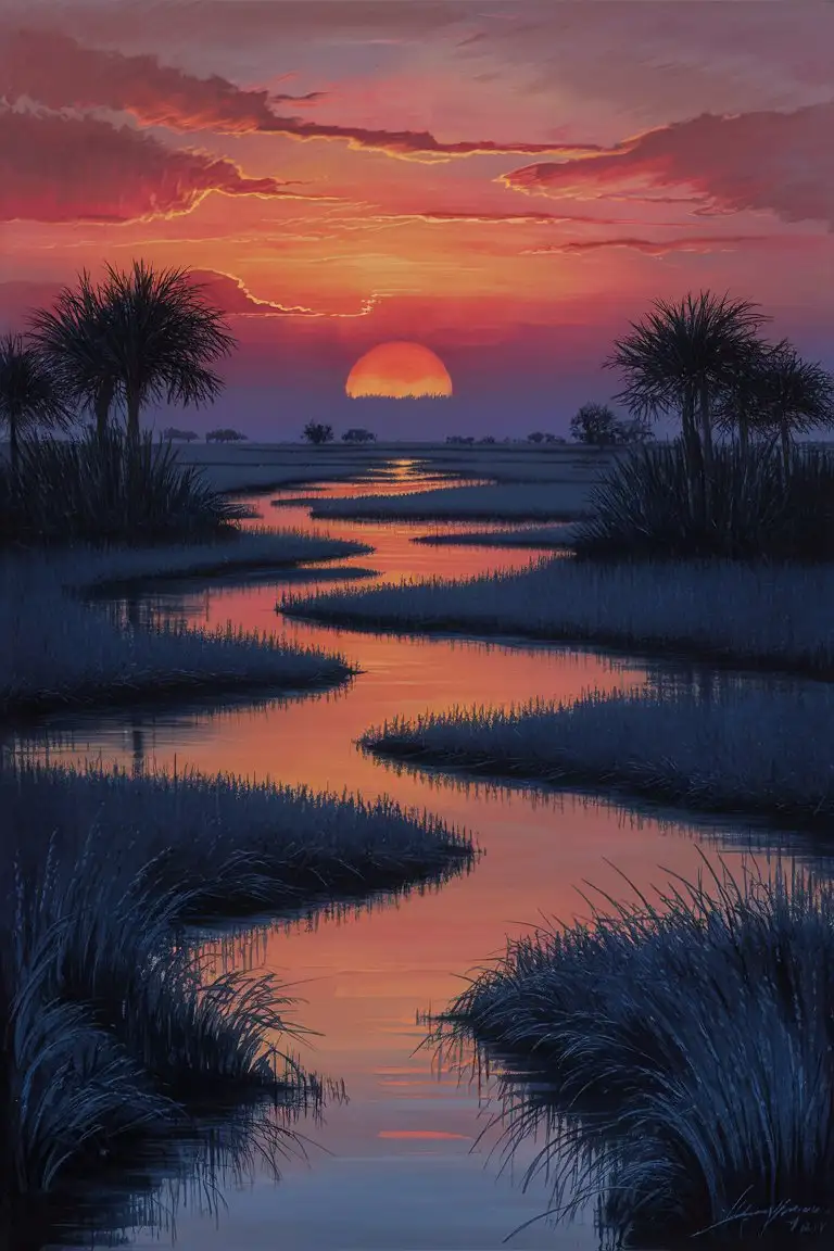 Imagine a peaceful and colorful painting that captures the magnificent beauty of a Lowcountry marsh in South Carolina at sunset. The scene is bathed in the rich, warm glow of the setting sun, casting the sky in a stunning range of colors—deep oranges, fiery reds, and purples that fade into the soft blues of the early evening. The sun, a burning orb, sits just above the horizon, casting its brilliant light over the smooth surface of winding tidal creeks that weave through the marshland. These waterways, vital arteries of the marsh, reflect the vibrant colors of the sky, creating a striking contrast against the darkening silhouettes of palmetto trees and tall marsh grasses lining their banks. In the foreground, the dense grasses of the marsh take on the warm, golden hues of the sunset, creating a cozy and inviting tapestry of colors that invites the viewer to pause and reflect. A lone heron stands quietly in the shallow waters, its silhouette a graceful addition to the landscape. The scene is a serene blend of tranquility and dramatic natural beauty, capturing the peaceful yet vibrant spirit of the Lowcountry at this enchanting time of day. The painting should aim to capture not just the visual wonder of the sunset over the marsh, but also the quiet, reflective atmosphere that envelops the landscape as day turns to night.