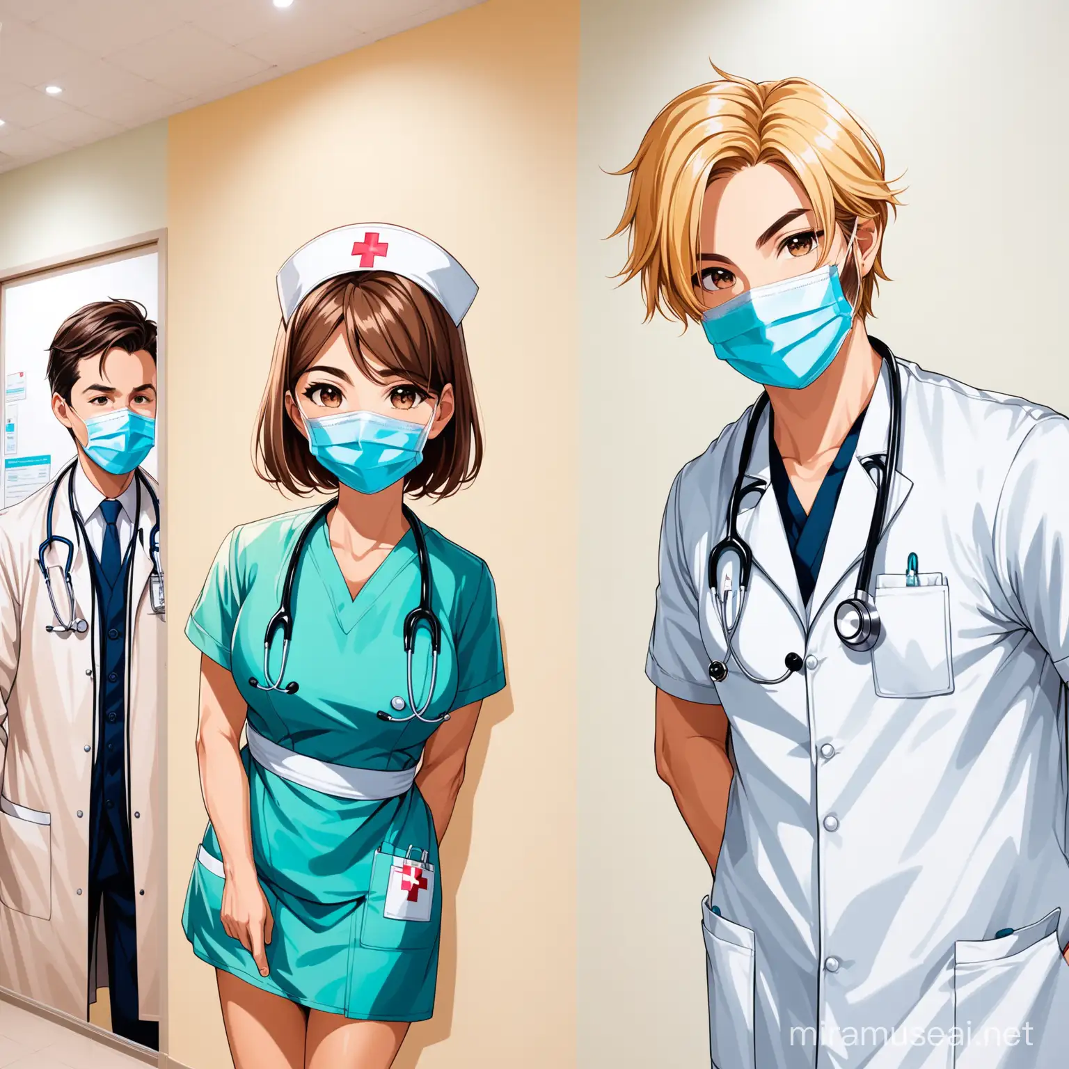Мурал на белой  стене . На рисунке изображенны врачь мужчина блондин в маске и врачь мужчина брюнет  и медсестра в маске  . 