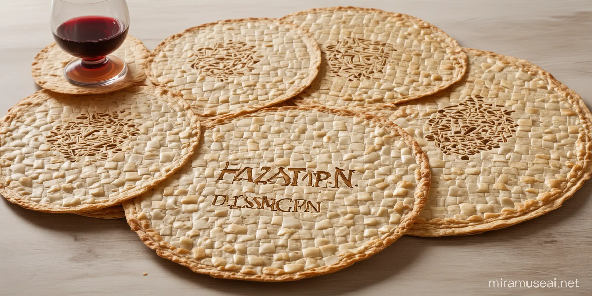 3 round Passover matzot to eat on a table with the words "Hartman design"  engraved on it ,with 4 cups of wine by the side   