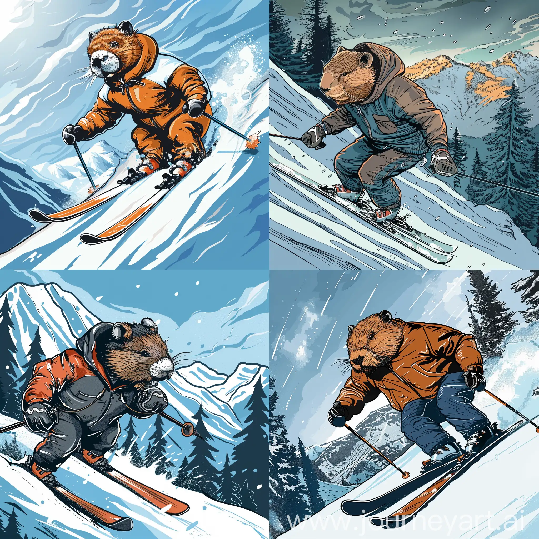 The logo of the sports club requires an image of a beaver, who is skiing down the mountain in a tracksuit, in the style of a comic book or cartoon.