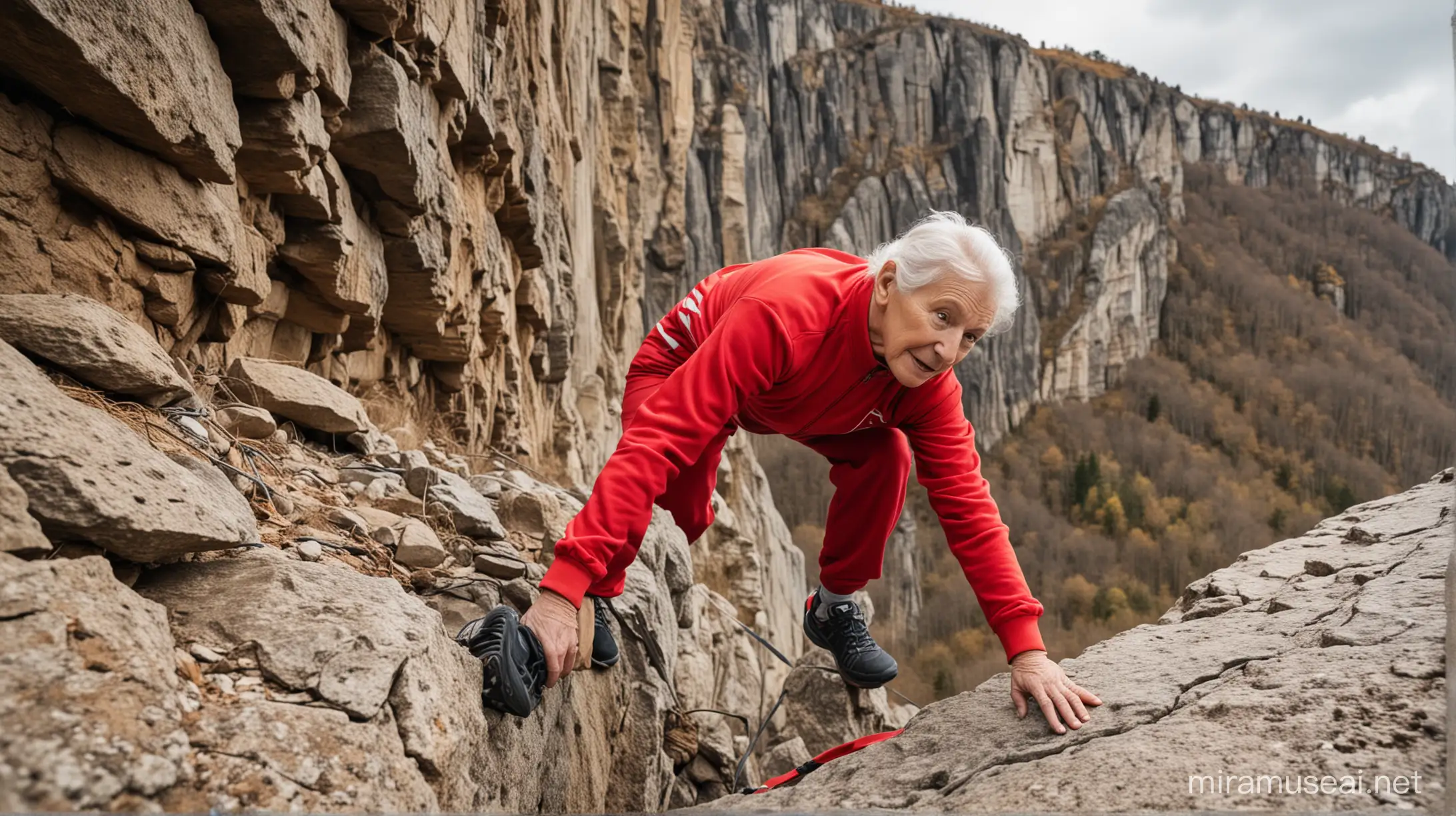 一个身穿红色运动服的老人在艰难地攀登悬崖