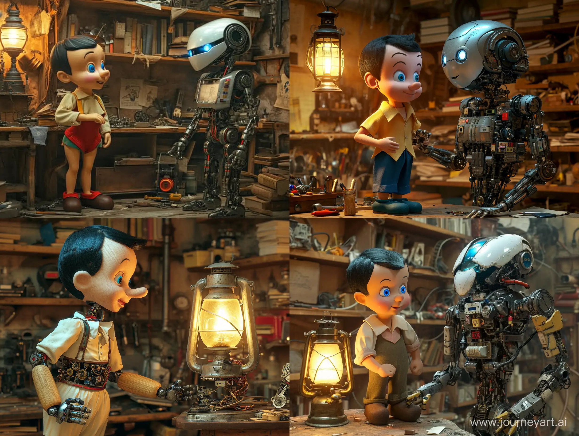 Enchanting-Collaboration-Pinocchio-and-AI-Robot-in-Steampunk-Workshop