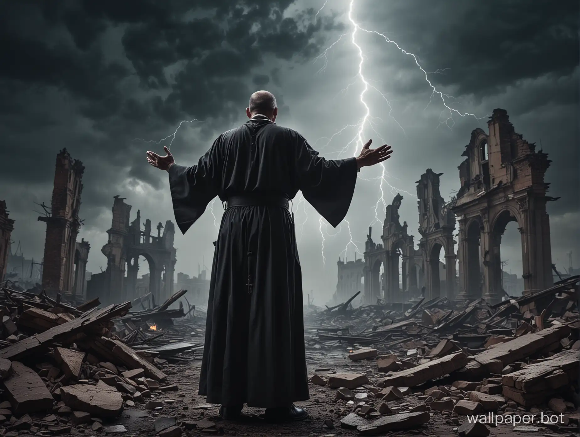 a priest stand in a destroyed city a pray with his arms to the dark sky , dramatic light , lightning