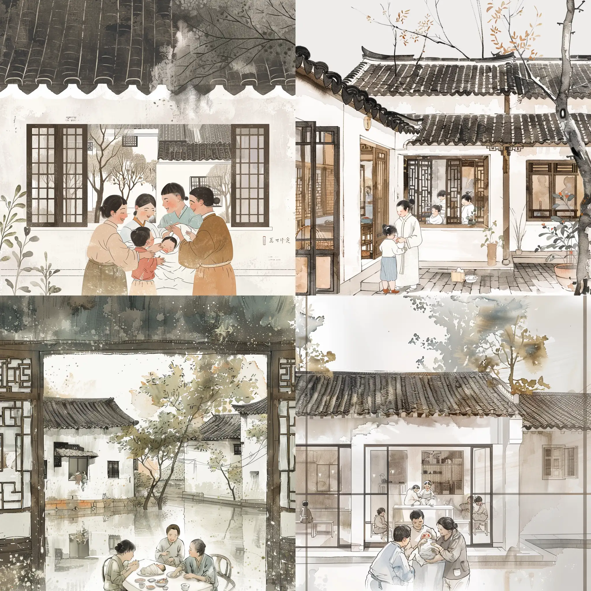 Within the quietude of a classic Chinese water village, encapsulated by white-walled, black-tiled houses, a family gathers in a room steeped in tradition and warmth to celebrate the birth of their newest member. The scene unfolds in an intimate indoor setting where the rich heritage of Guangdong's Shunde is palpable through each carefully chosen detail. Delicate, hand-drawn illustrations capture the jubilant faces of the family, their joy magnified in the presence of the tender newborn cradled in loving arms. Stylized trees and subtle earthy tones peek through the windows, complementing the room's ambient interior. Rendered in classic Chinese ink and watercolor style, this artistic portrayal marries serene village elements with an authentic depiction of Chinese familial bliss, all curated from an artistic perspective that invites viewers to witness this momentous beginning. It's a scene of heartwarming human connection, lovingly woven into the fabric of the landscape that has stood the test of time.