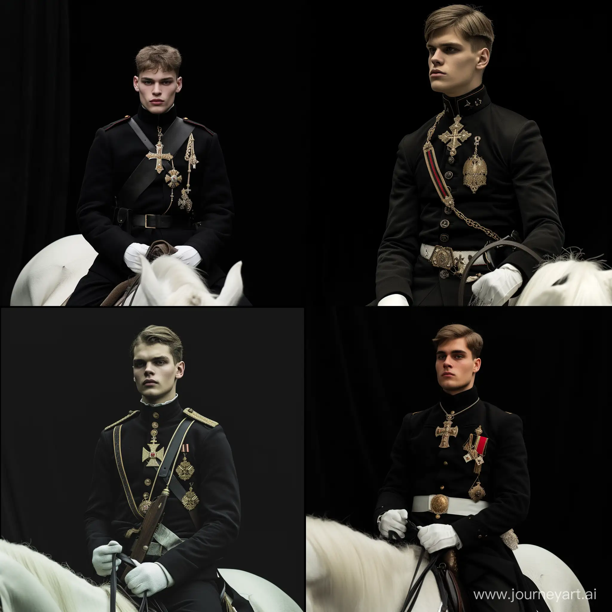 A sophisticated, realistic 4k cinematic photo,young adult, Not a mature 17 years old. European appearance with classical medium length haircut. He's wearing the ceremonial uniform of Nicholas II, black suit, around his neck cross of St George. In his right hand is a sable. He is sitting on a white horse, The background is a solid black colour. Cinematographic image. The backdrop is a black colour. 