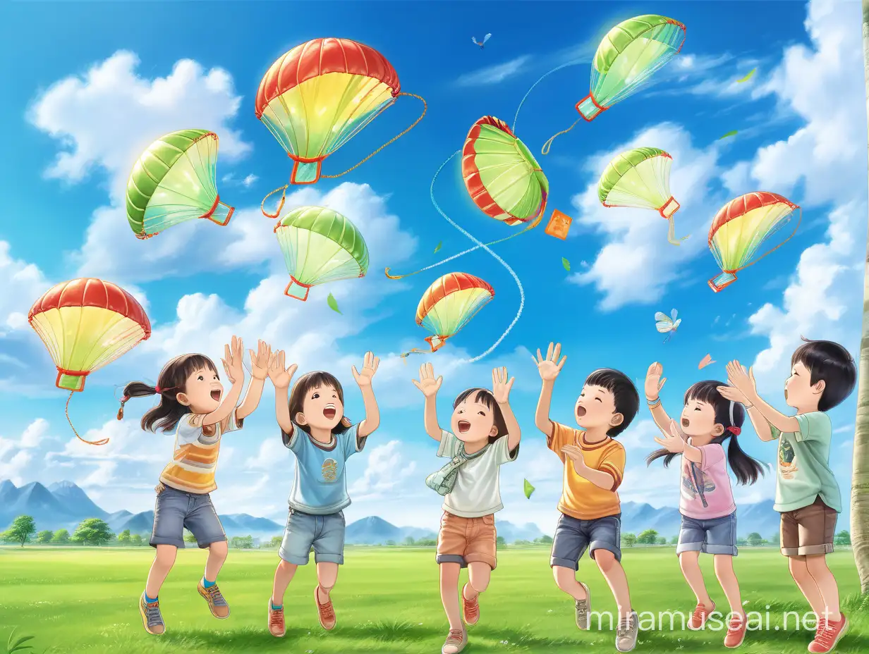 在春天，蓝天白云，几个亚裔孩子在空旷的绿草地上，用手向上空抛掷手掌大小的手抛降落伞小玩具。