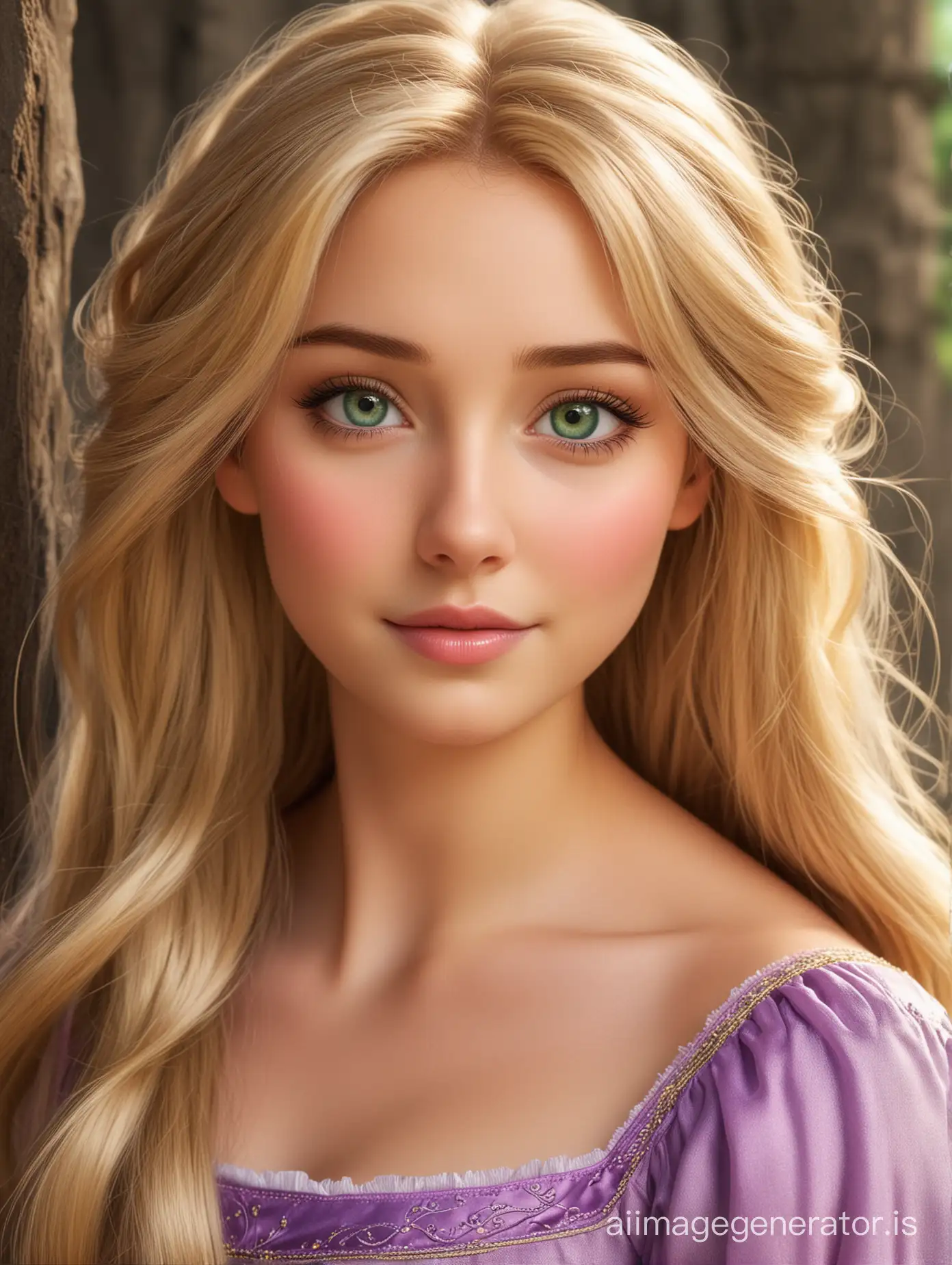 Beautiful princess Rapunzel blonde hair green eyes staring at you