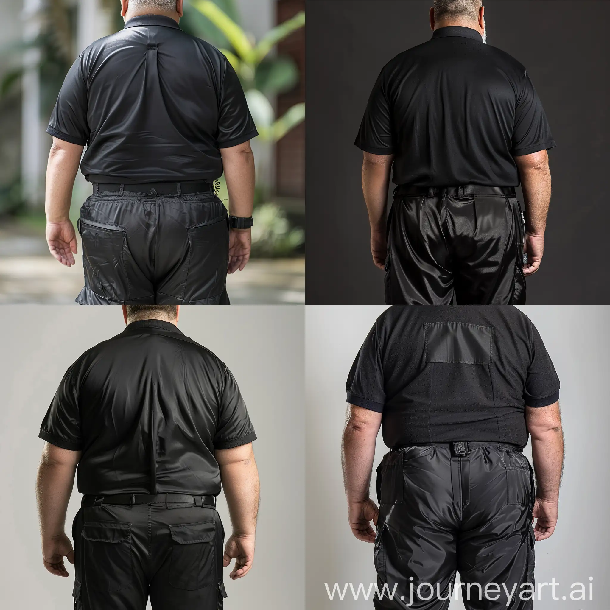 Back view close-up photo of a fat man aged 60 wearing a silk black security guard battle pants and a tucked in silk black polo shirt