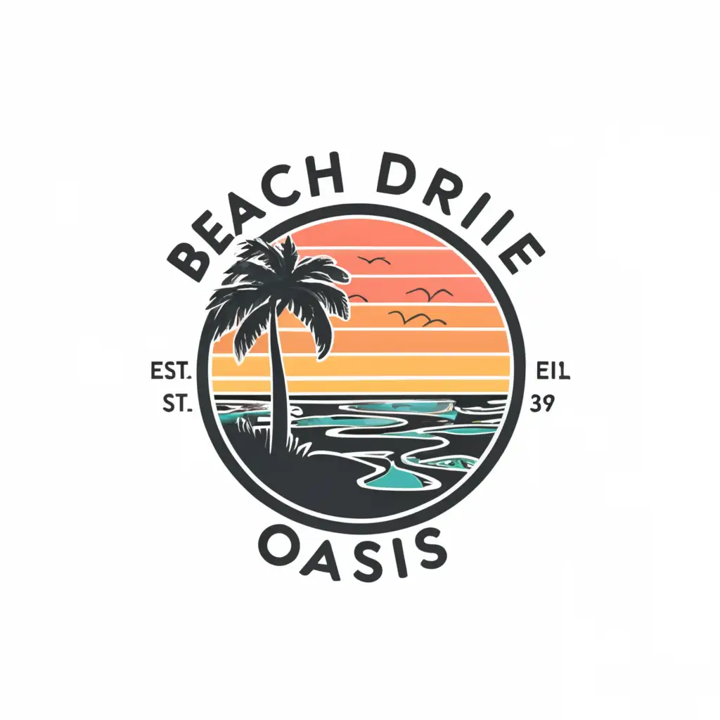 LOGO-Design-for-Beach-Drive-Oasis-Serene-Sunset-with-Palm-Trees-Encircled-by-Coastal-Charm