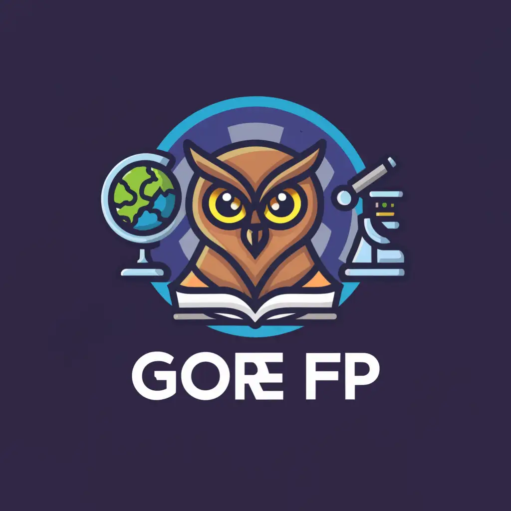 a logo design,with the text "GORe FPP", main symbol:an owl, book, microskop and a globe. full colour og blue or brown,complex,be used in Education industry,clear background