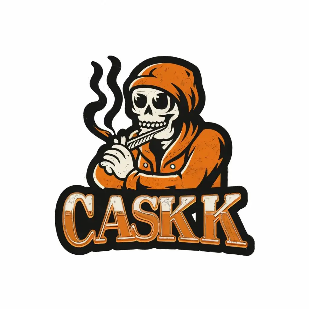 a logo design,with the text "Cask K", main symbol:Orange Skeleton smoking a blunt,Moderate,be used in Entertainment industry,clear background
