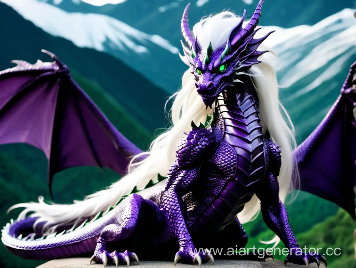 Тёмно-фиолетовый дракон с длинными белыми волосами, зелёными глазами и ресницами, гермафродит, сидит на фоне гор.