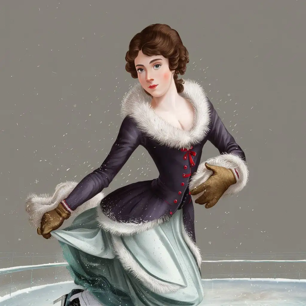 Elegant-Brunette-Woman-Ice-Skating-in-Winter-Fancy-Dress-with-Muff