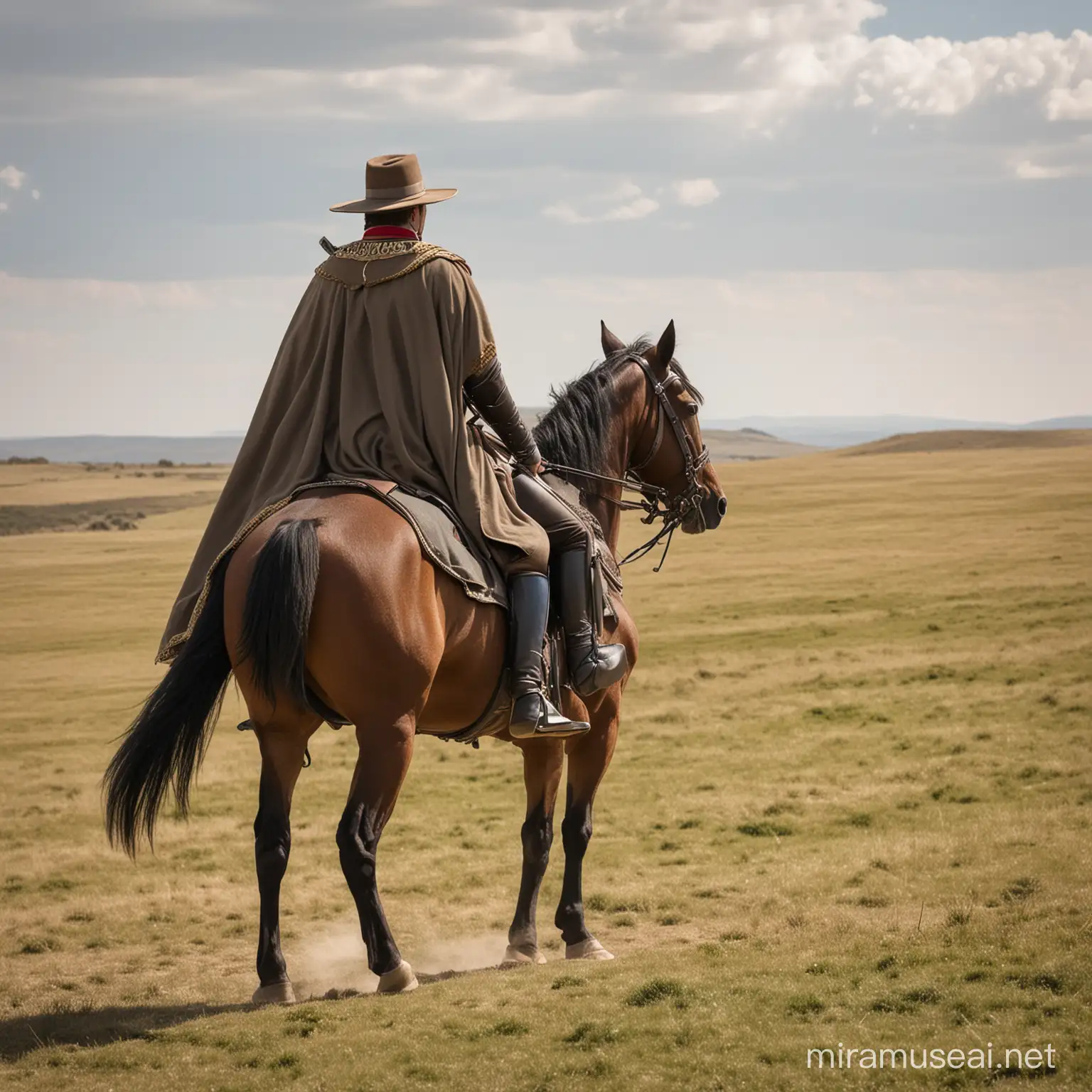 Mysterious Rider on Horseback Wearing Cape and Hat with Sword