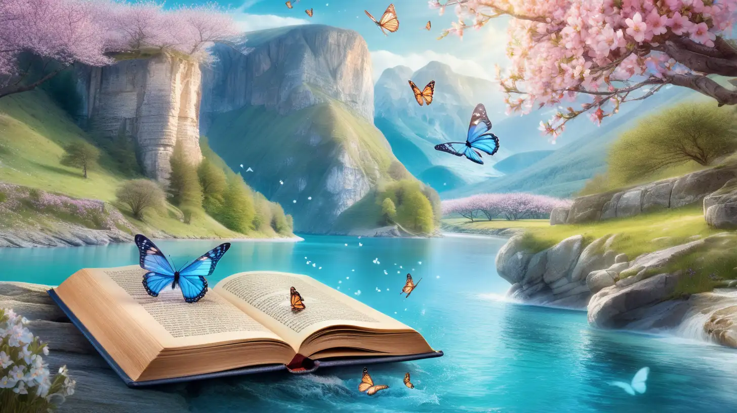 fairytale magical book that has butterflies on it, a glowing bright blue river in the mountains by ocean cliffs with apple blossom trees