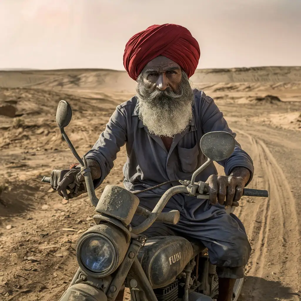 Elderly Rabari Man Riding Vintage Motorbike through Desert Landscape