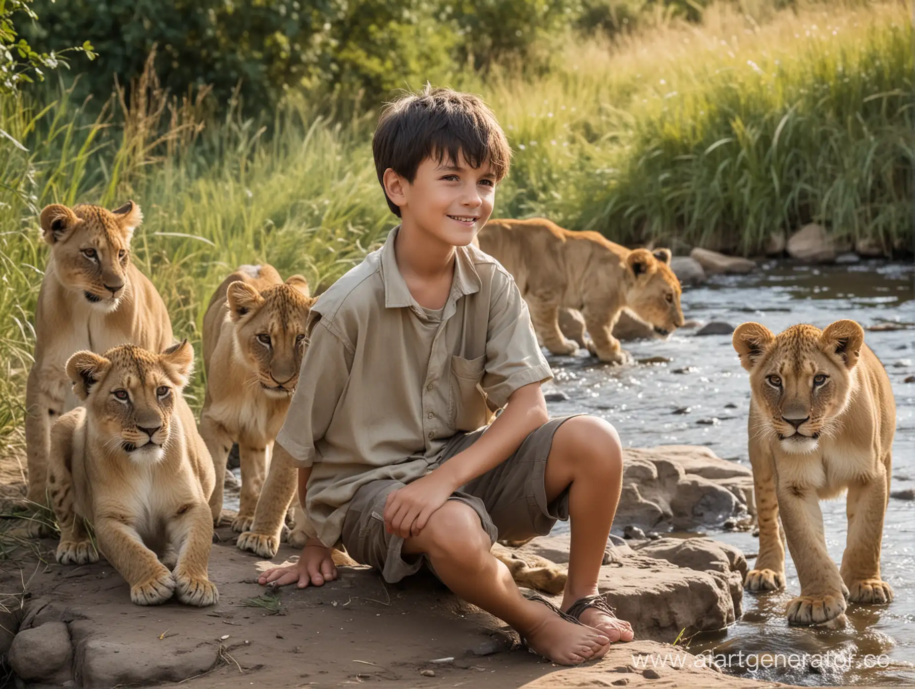 Young-Boy-with-Lion-Cubs-Enjoying-a-Sunny-Summer-Day-by-the-Stream
