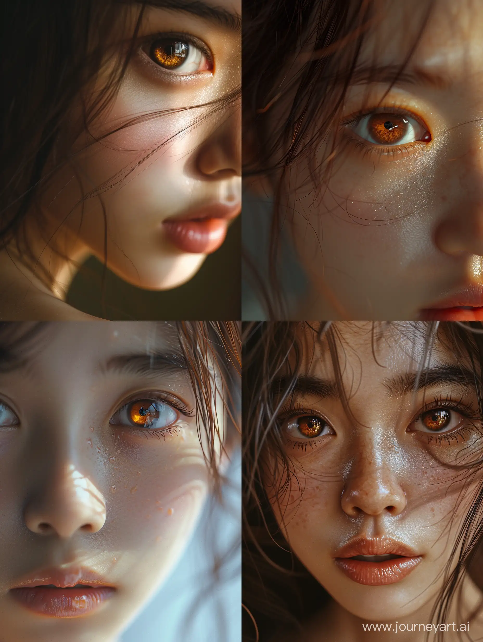 RAW photo, beautiful brown eyes, macro shot, masterpiece, colorful details, award winning, high detailed, 8k, natural lighting, analog film, detailed skin, amazing composition, intricate details, subsurface scattering, velus hairs, amazing textures, filmic, chiaroscuro, soft light, 21 years old girl, asia girl, upper body and face,