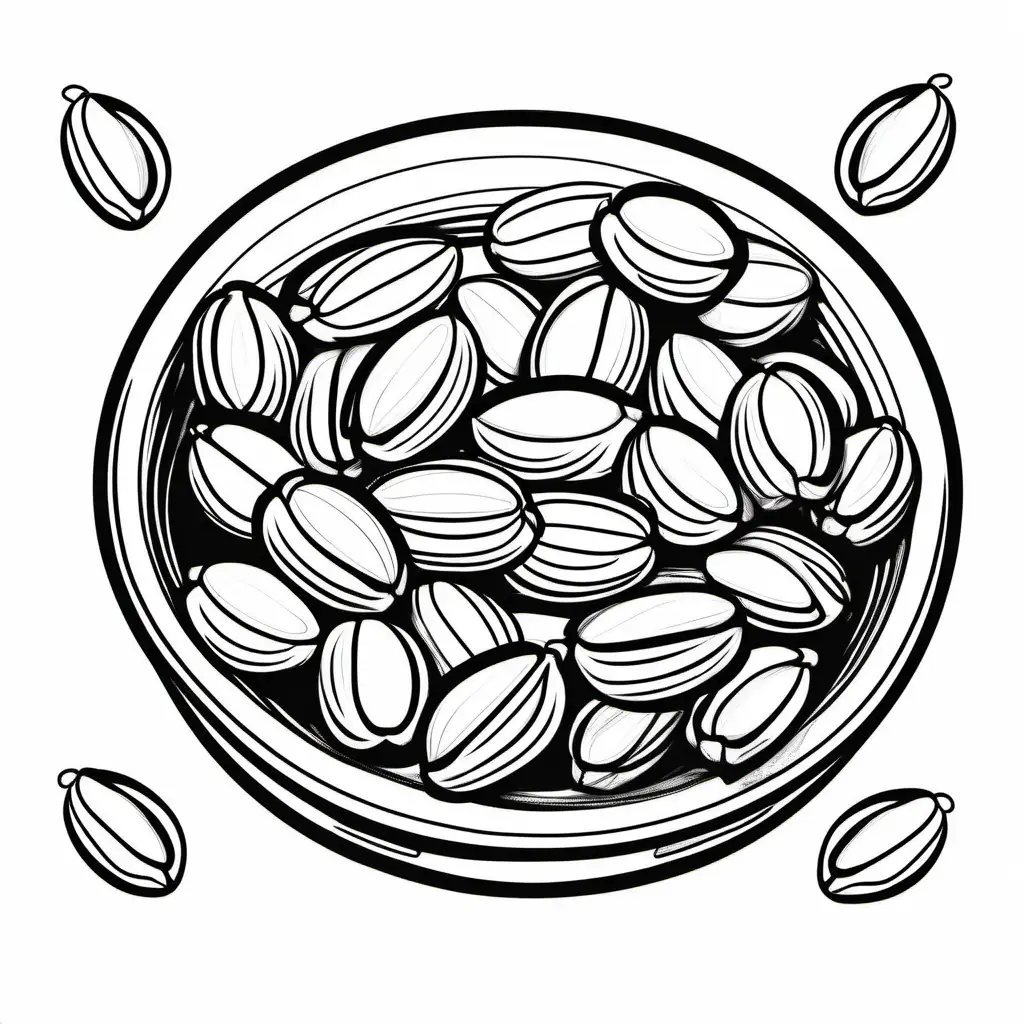 Create a bold and clean line drawing of Pistachios. without any background  without coloring, Coloring Page, black and white, line art, white background, Simplicity, Ample White Space. The background of the coloring page is plain white to make it easy for young children to color within the lines. The outlines of all the subjects are easy to distinguish, making it simple for kids to color without too much difficulty