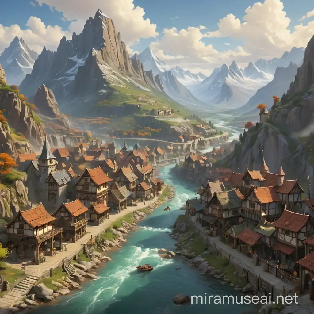 dungeons and dragons,fantasy,a town with huge mountains behind it and a river next to it