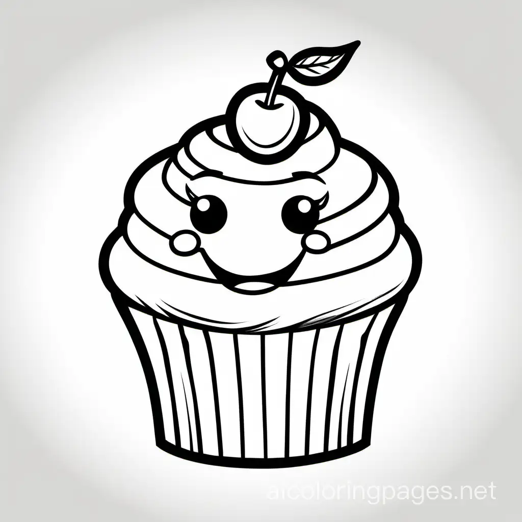 Laughing cupcake with a cherry on top, Coloring Page, black and white, line art, white background, Simplicity, Ample White Space. The background of the coloring page is plain white to make it easy for young children to color within the lines. The outlines of all the subjects are easy to distinguish, making it simple for kids to color without too much difficulty