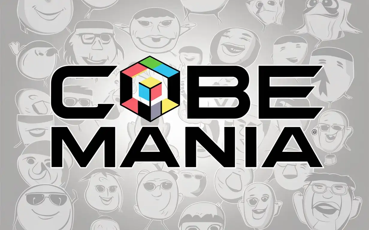 a logo ,with text in front (cube mania),text cube mania,with vector memes characters on background