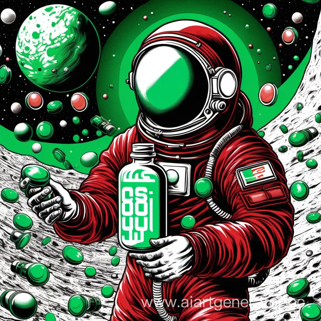 Cosmonaut-Holding-Pills-in-Spacethemed-Scene-with-Red-White-and-Green-Colors