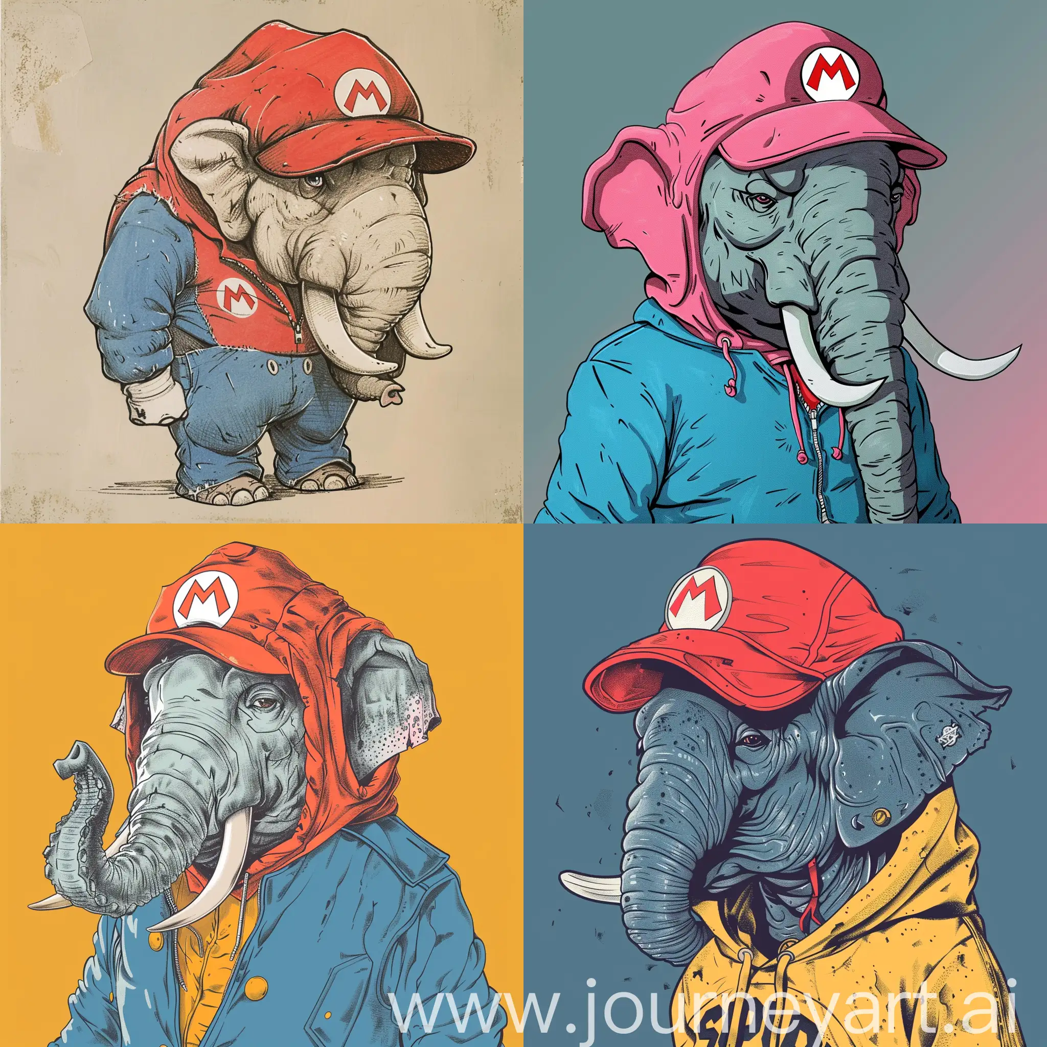An elephant wearing a super mario outfit, 2d drawing, cell animation, cartoon network 90s-2000s drawing style