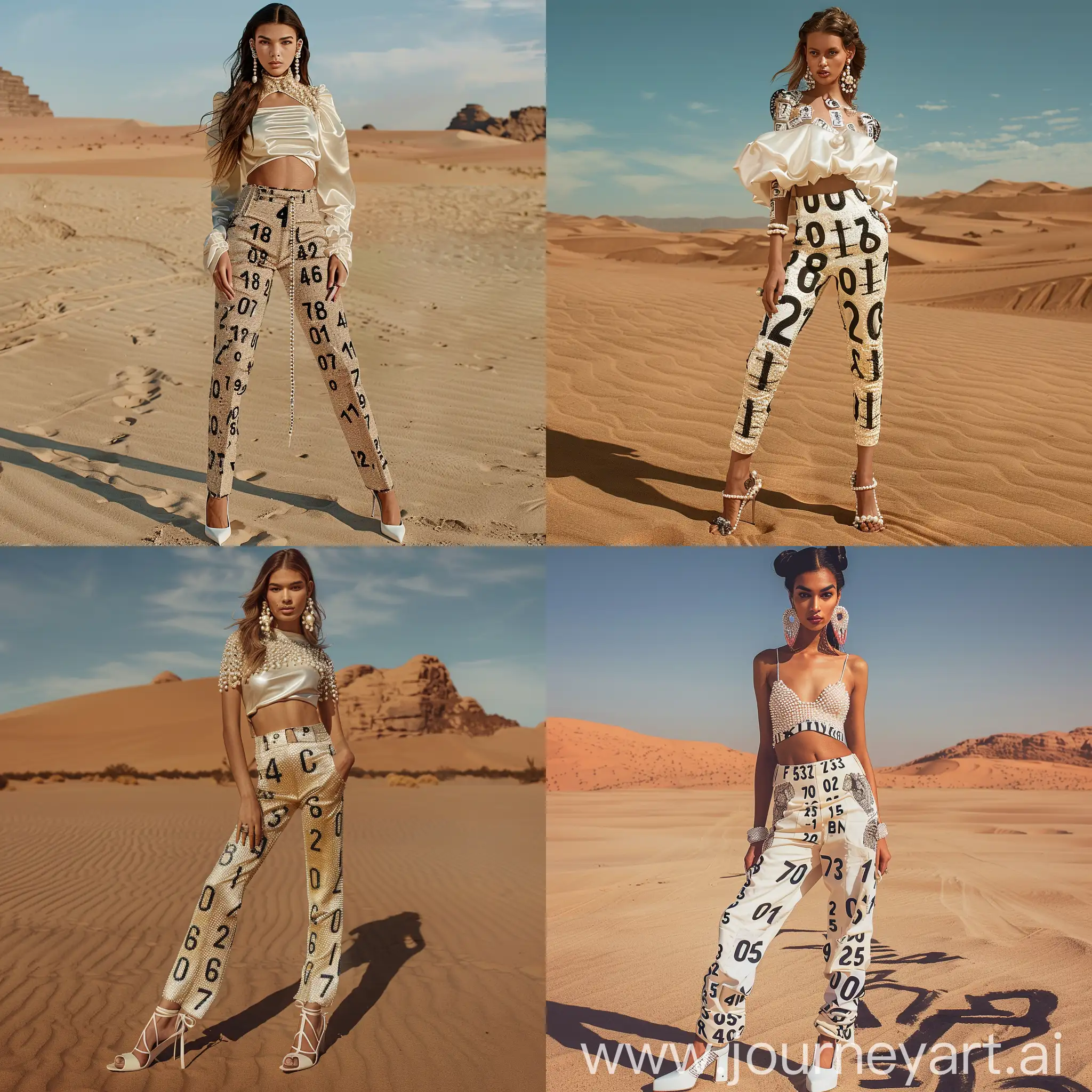 fashion photoshoot of model,  wearing numembers earrings, she’s wearing pants with numbers , top whit pearl, full picture, full body, we see her shoes on,background desert, realistic, high quality