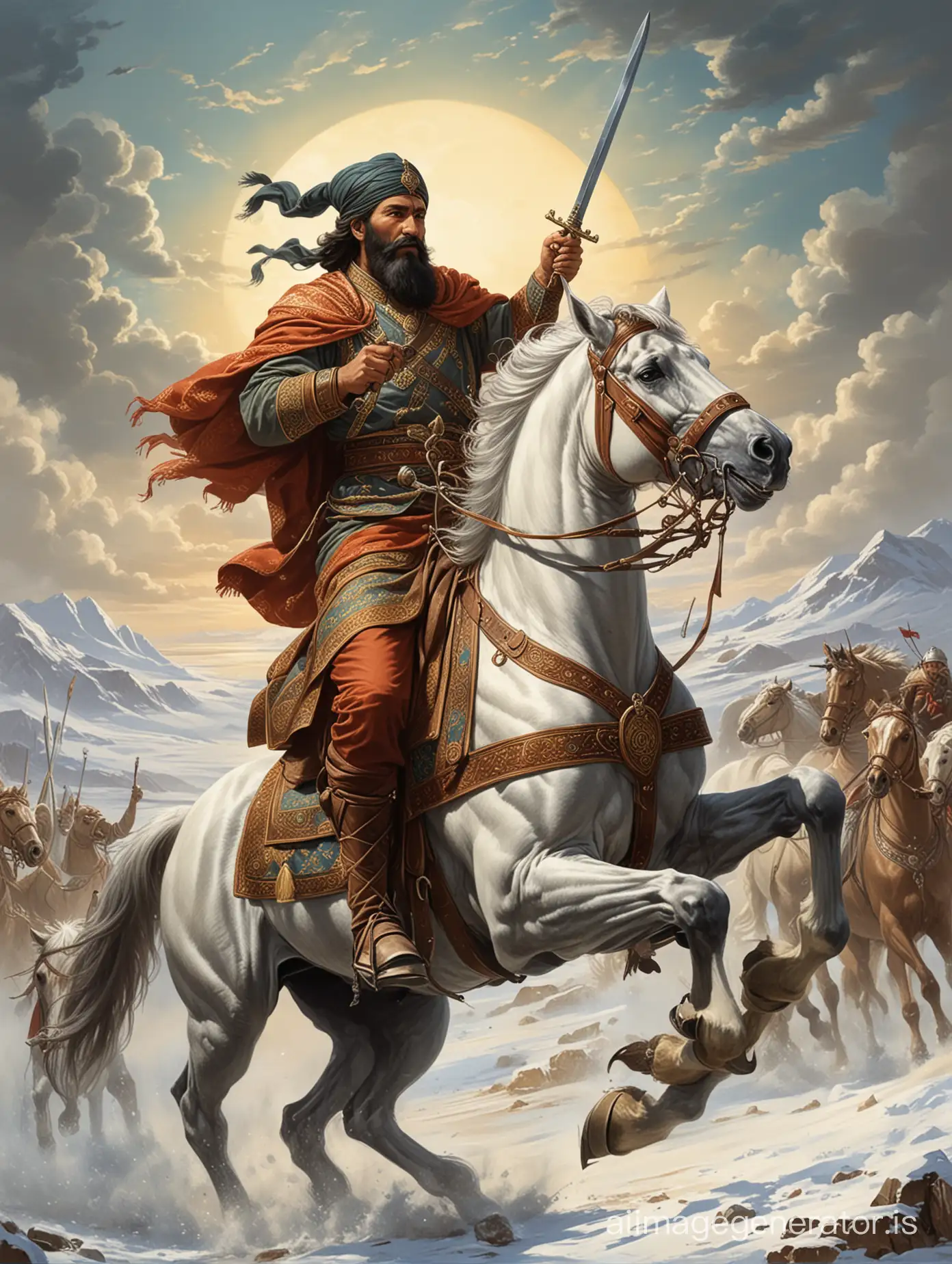 Illustration for a book cover.  Jalaluddin Manguberdi.  Commander of Khorezm.  On horseback, sword and cold.  In the ancient oriental style