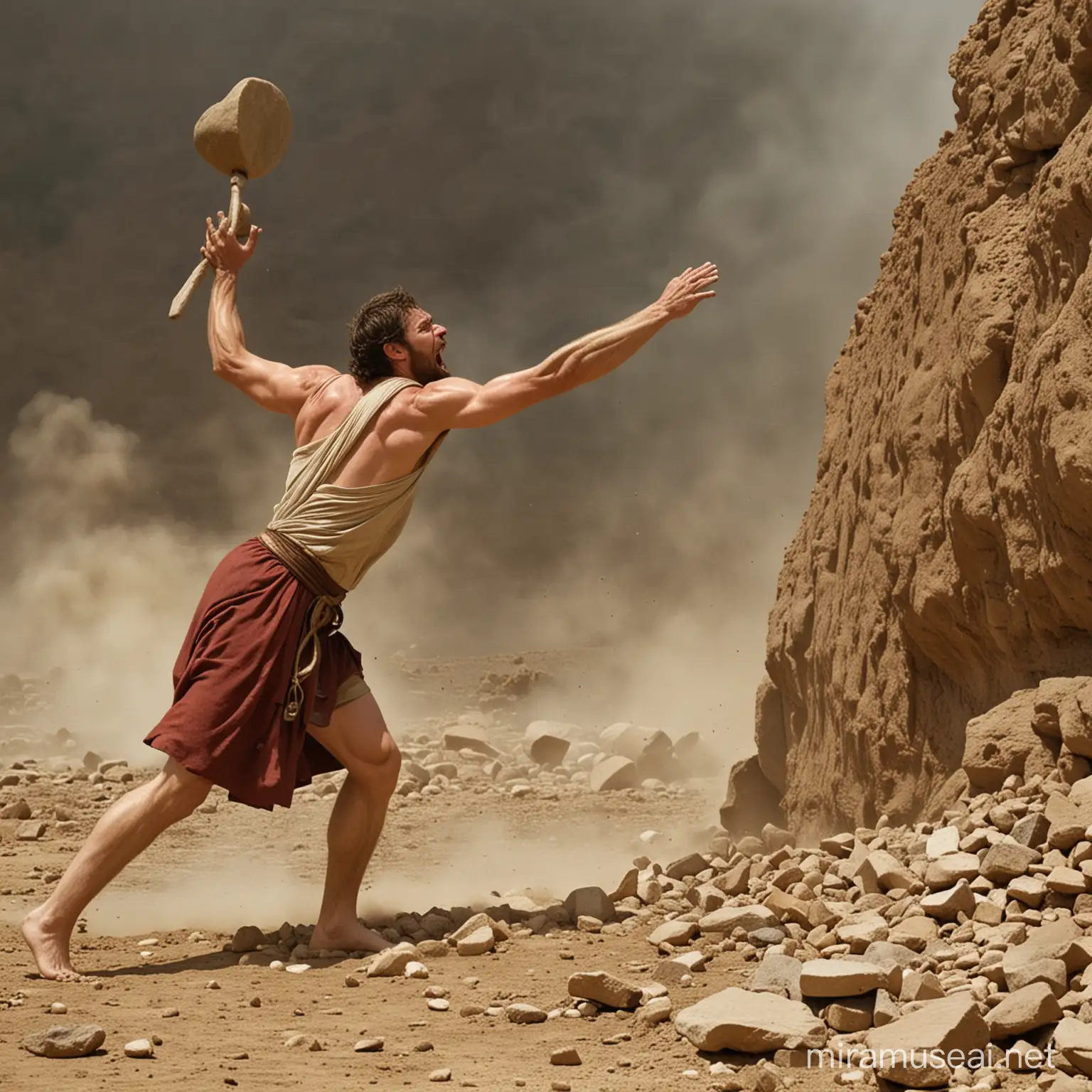 The Fatal Blow: Show the climactic moment when David, with a steady hand and unwavering faith, releases the sling, sending the stone hurtling towards Goliath, who reels back in shock as the projectile finds its mark.