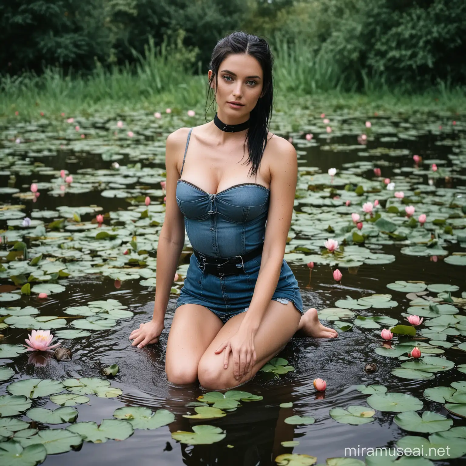 a full photograph of a tall woman with supermodel features and blue eyes and black hair and skinny, she is wearing a ponytail and a choker, she is 29 years old, she is not wearing a brassiere, she is wearing a bandage midi dress, the dress fabric is denim style, she is trapped in the pond with water lilies and large toads, she is almost drowned and all of her clothes are wet.