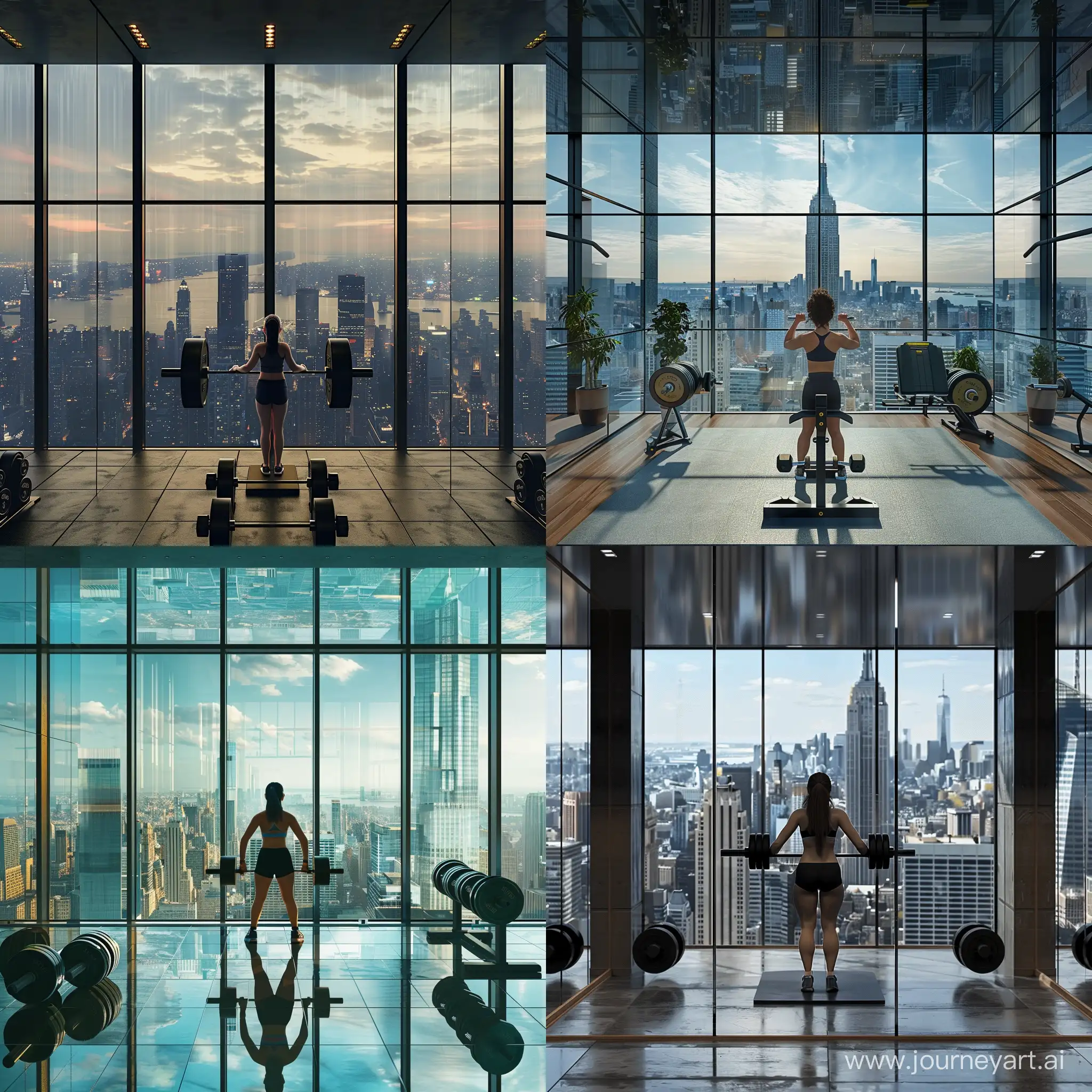A girl lifts weights in a sleek, modern gym with panoramic views of the city