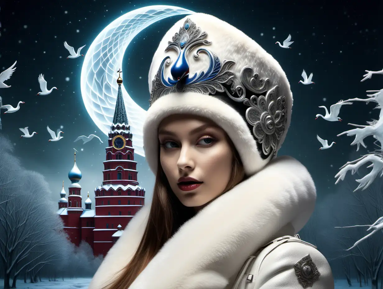 Enchanting Russian Girl Wearing Towering Ushanka Hat in Mystical SwanInspired Surrealism