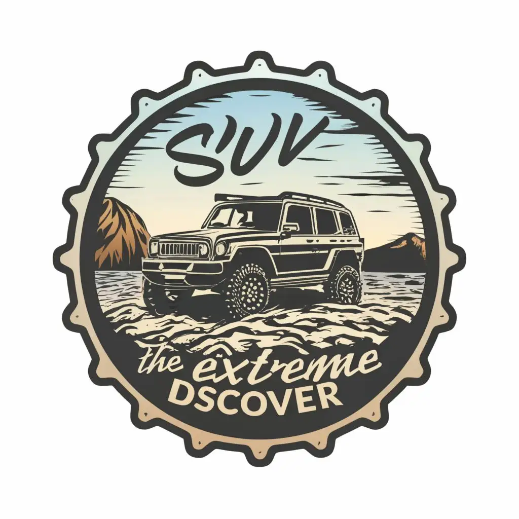 a logo design,with the text "/", main symbol:Extreme Discoverer Vector illustration in circle of the offroad SUV in the mountains and near the sea. Many details, without brand name, black and white colors.,Moderate,clear background