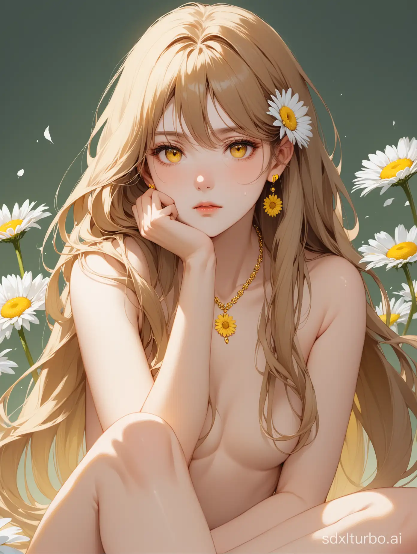 Top quality, masterpiece, a girl, with light brown long hair, slightly curled at the ends, yellow earrings, necklace, (yellow-white attire), (exquisite depiction of hair), (exquisite depiction of yellow eyes), (exquisite depiction of facial features), solo, (daisies), portrait description, solid color background, sense of brokenness, bare feet, legs, nude, sitting