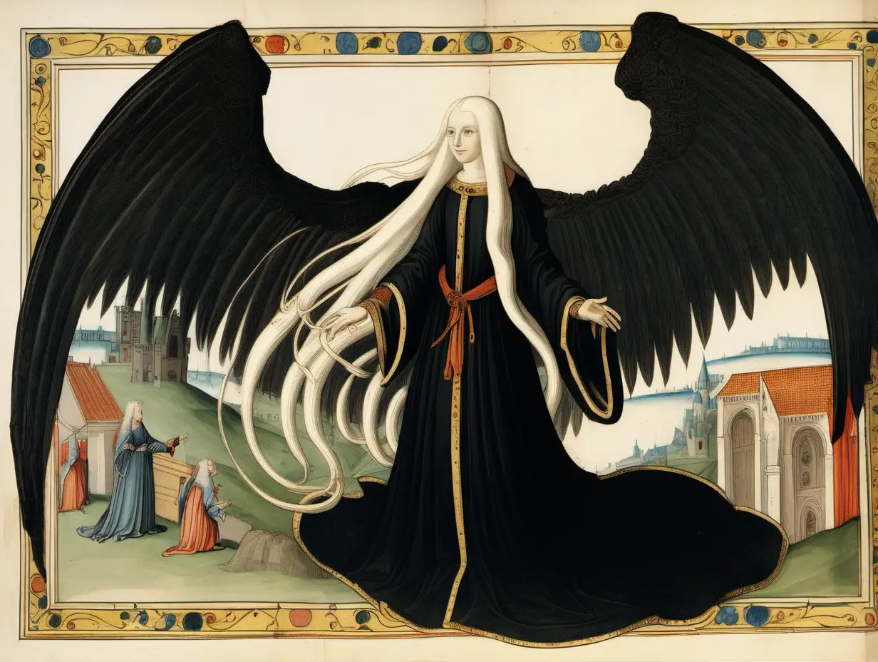 medieval manuscript illustration of a young woman with long white hair, dressed in a black robes, with large black wings. 