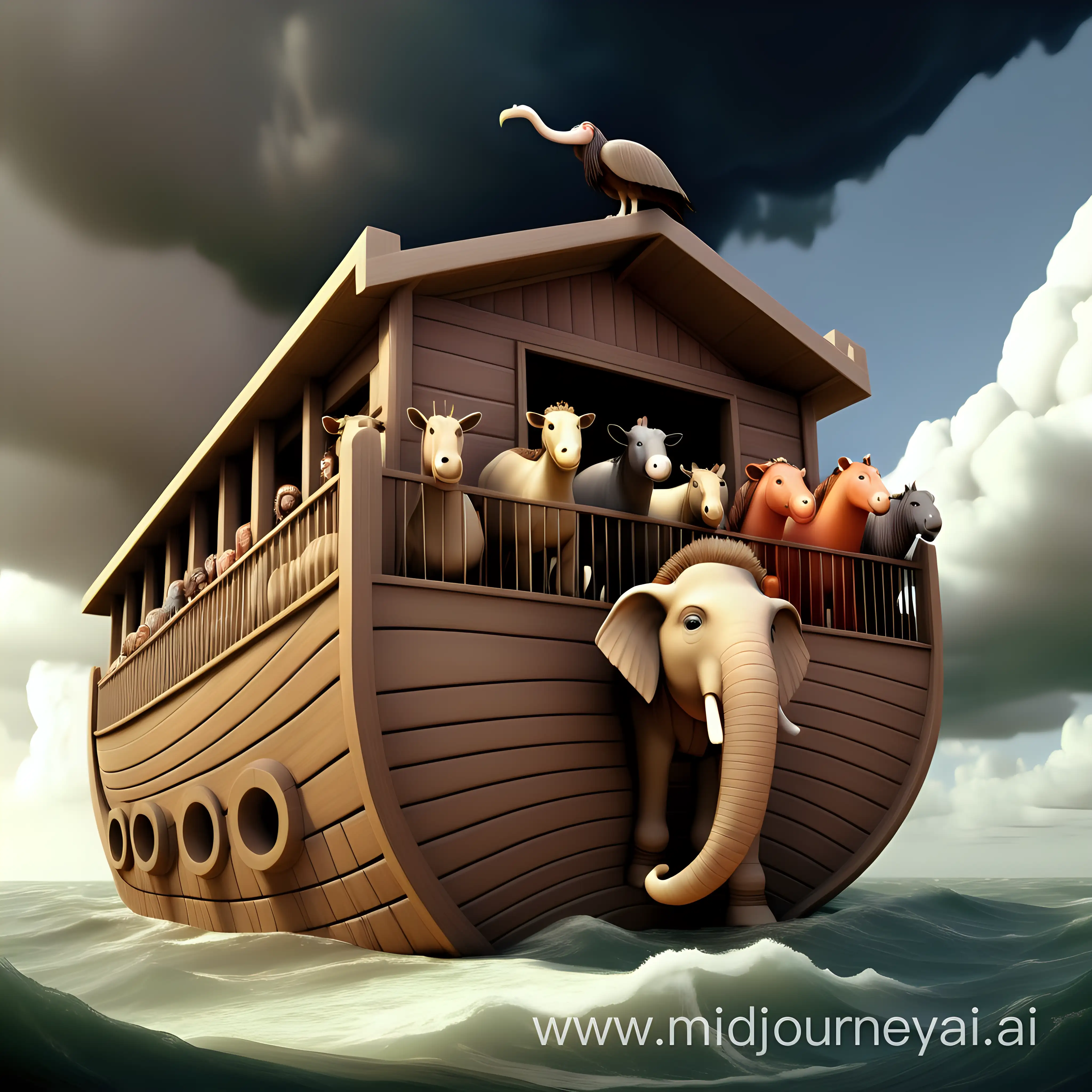 Colorful Noahs Ark with Animals in a Stormy Sea