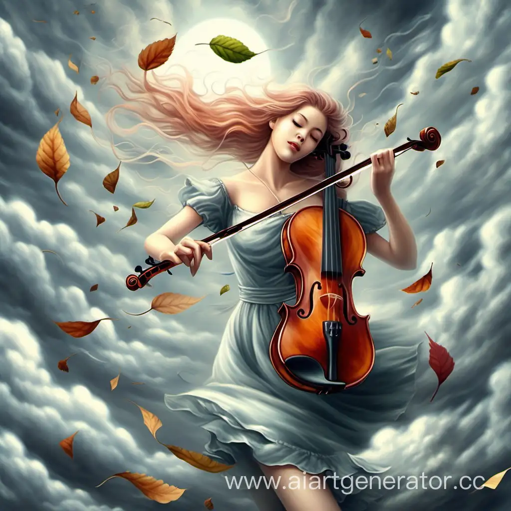 скрипка летит в облаках, ветер, тучи, летят листья деревьев, пасмурно