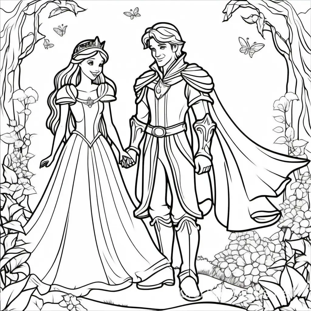 Fairy prince and princess , Coloring Page, black and white, line art, white background, Simplicity, Ample White Space. The background of the coloring page is plain white to make it easy for young children to color within the lines. The outlines of all the subjects are easy to distinguish, making it simple for kids to color without too much difficulty
