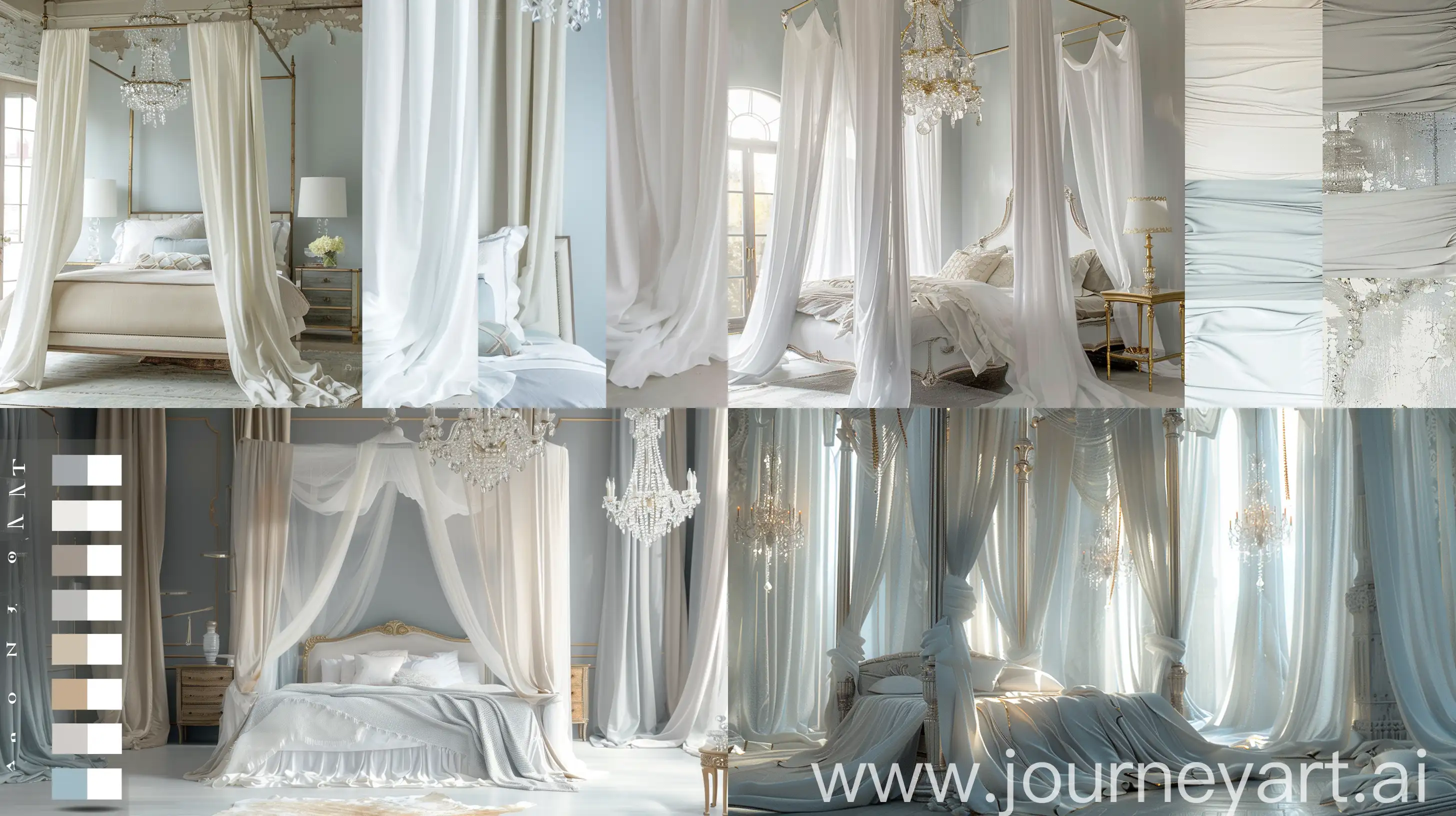 Drift into dreamland in a serene bedroom retreat, featuring a canopy bed draped in flowing white curtains. The color palette is a soothing mix of soft greys, pale blues, and touches of gold. Crystal chandeliers cast a gentle glow. --ar 16:9