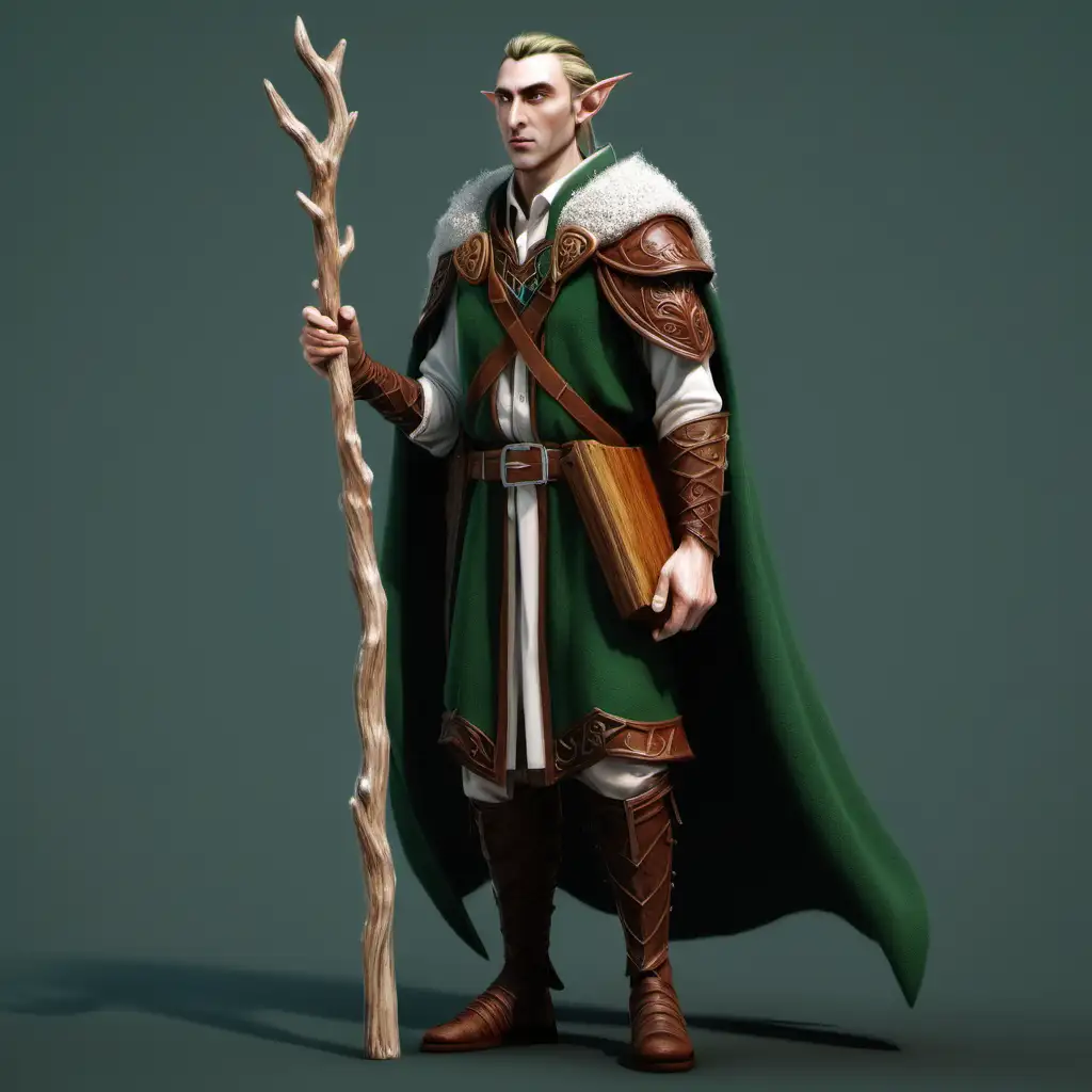 Mystical High Elf Druid in Wool Vest and Cape with Wooden Staff