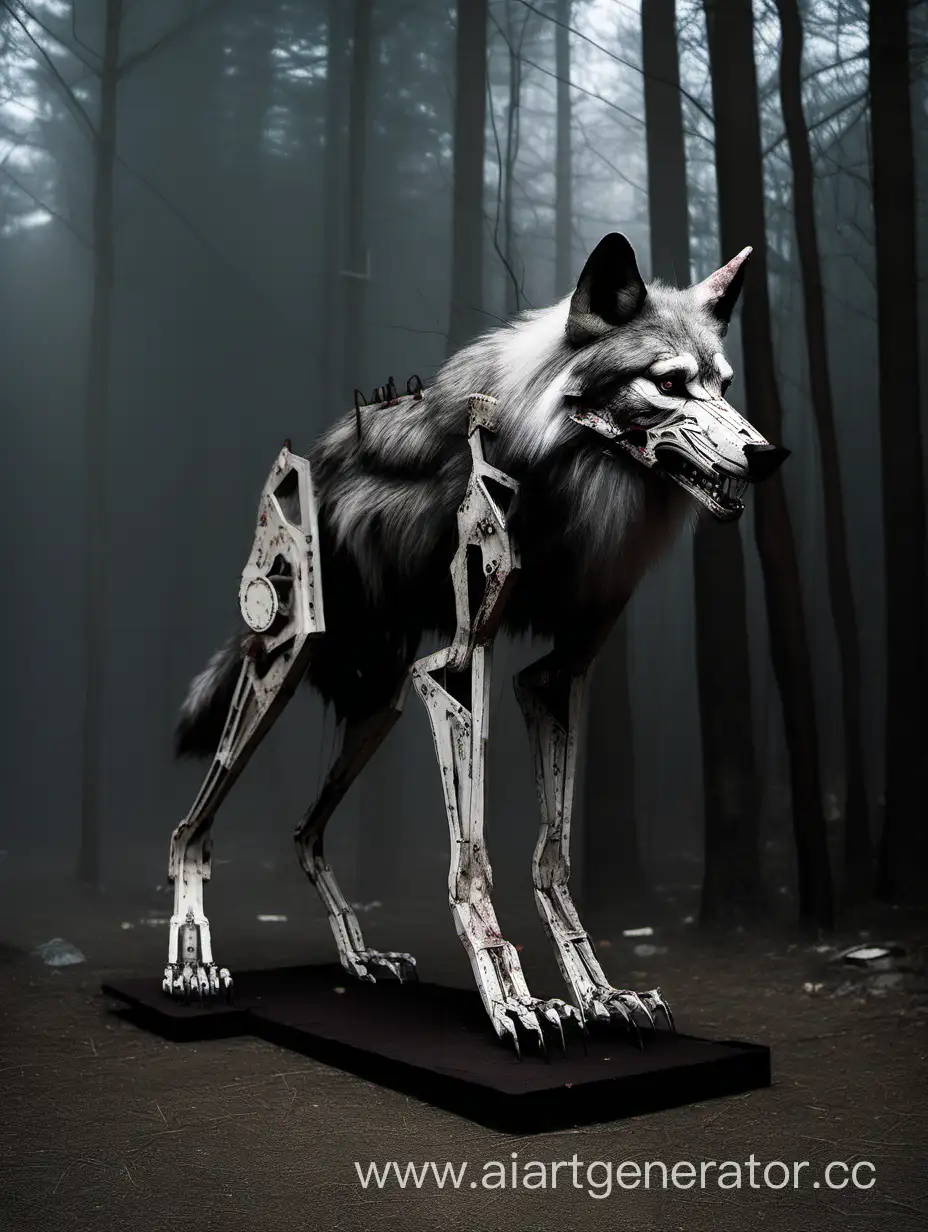 Аниматроник волк, с человеческим ростом, сломанный, стоит на двух ногах..
