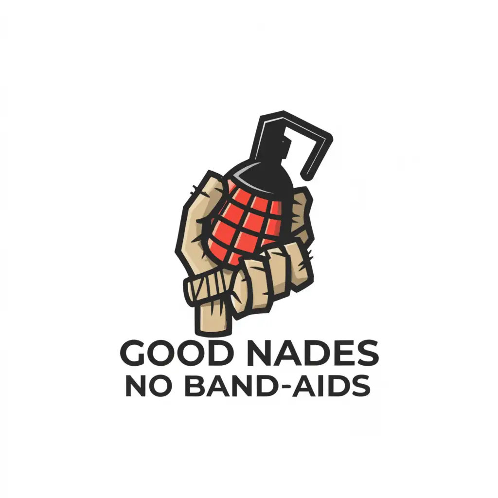 a logo design,with the text "Good Nades No Band-Aids", main symbol:Bandaged Hand holding a frag grenade,,complex,be used in Technology industry,clear background