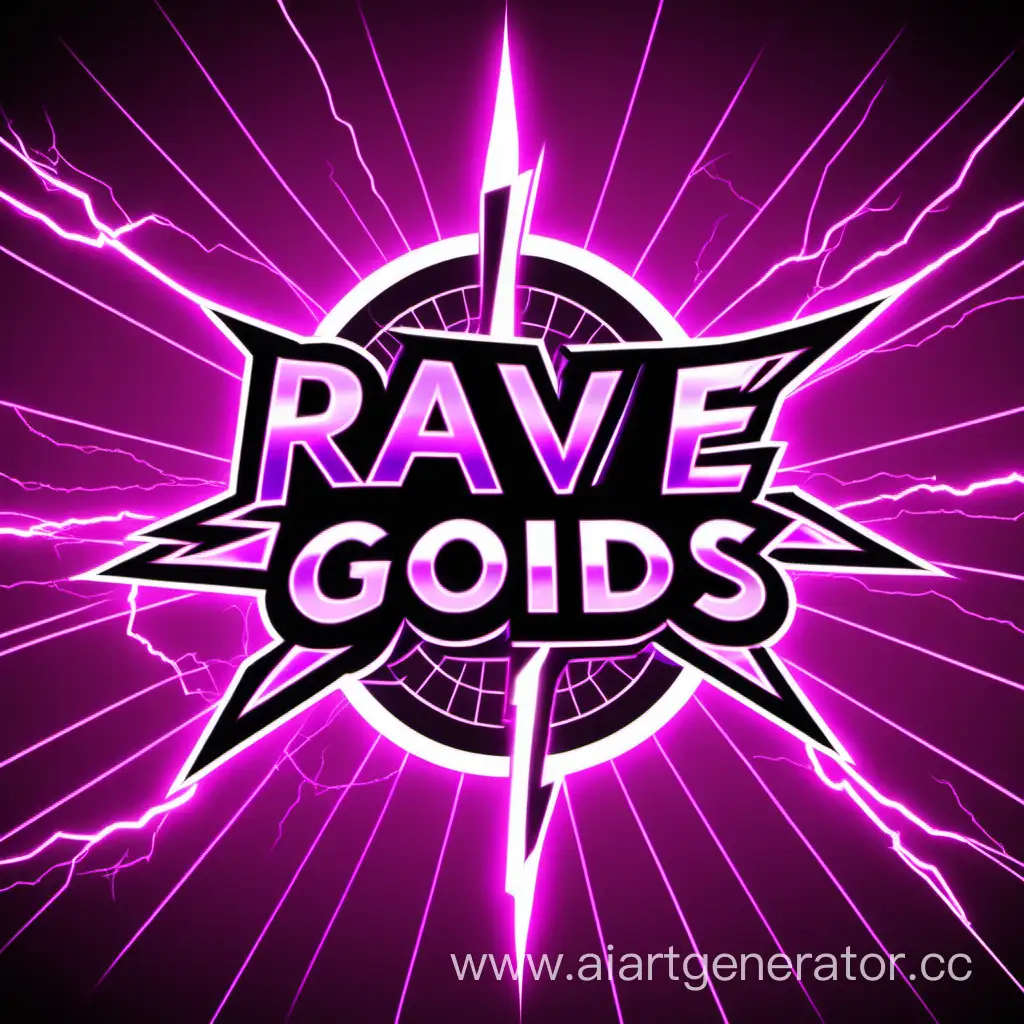 Lightning logo, in pink and purple black, on the background it says RAVE GODS