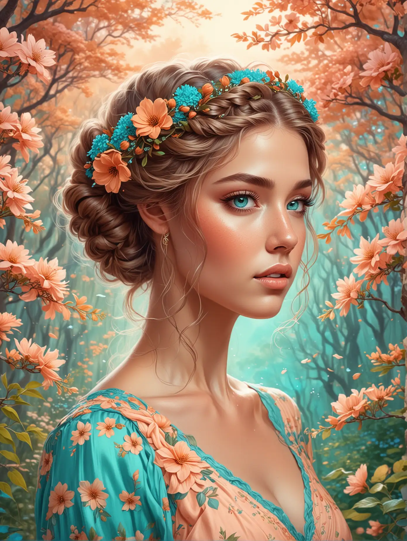 Illustration of a beautiful woman as mother nature in the forest, turquoise eyes, flowers in her braided hair, flowers overlay, peach-colored flowers, peach-colored dress, trees, flowers, turquoise sky, view from the side, close up