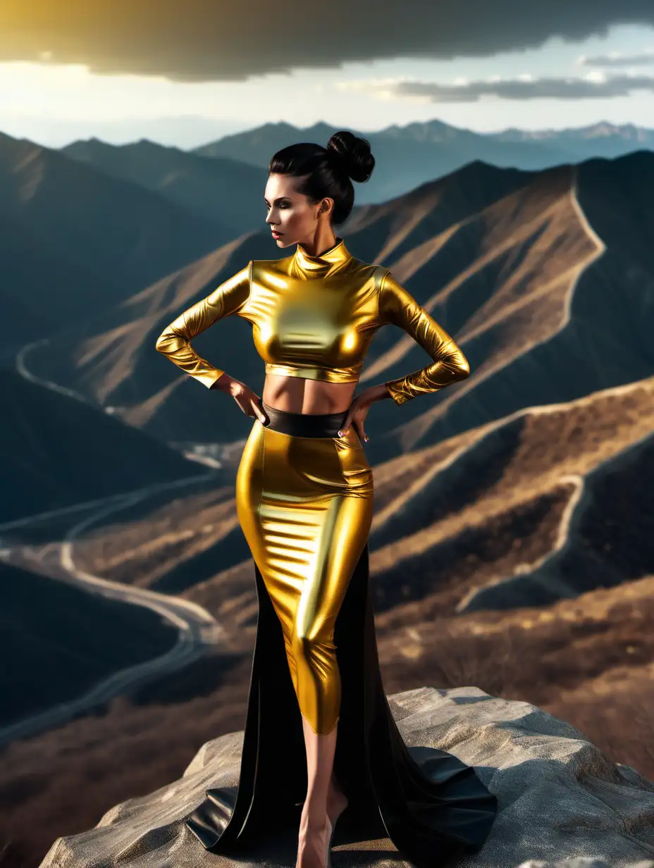 A skinny, realistic, big-breasted, beautiful fitness female model with leather and long black hair wearing it up in a bun, an elegant 2-piece sleeve and a dark yellow metallic gown standing on the mountains and a whole body shot from the top of his head to his feet.