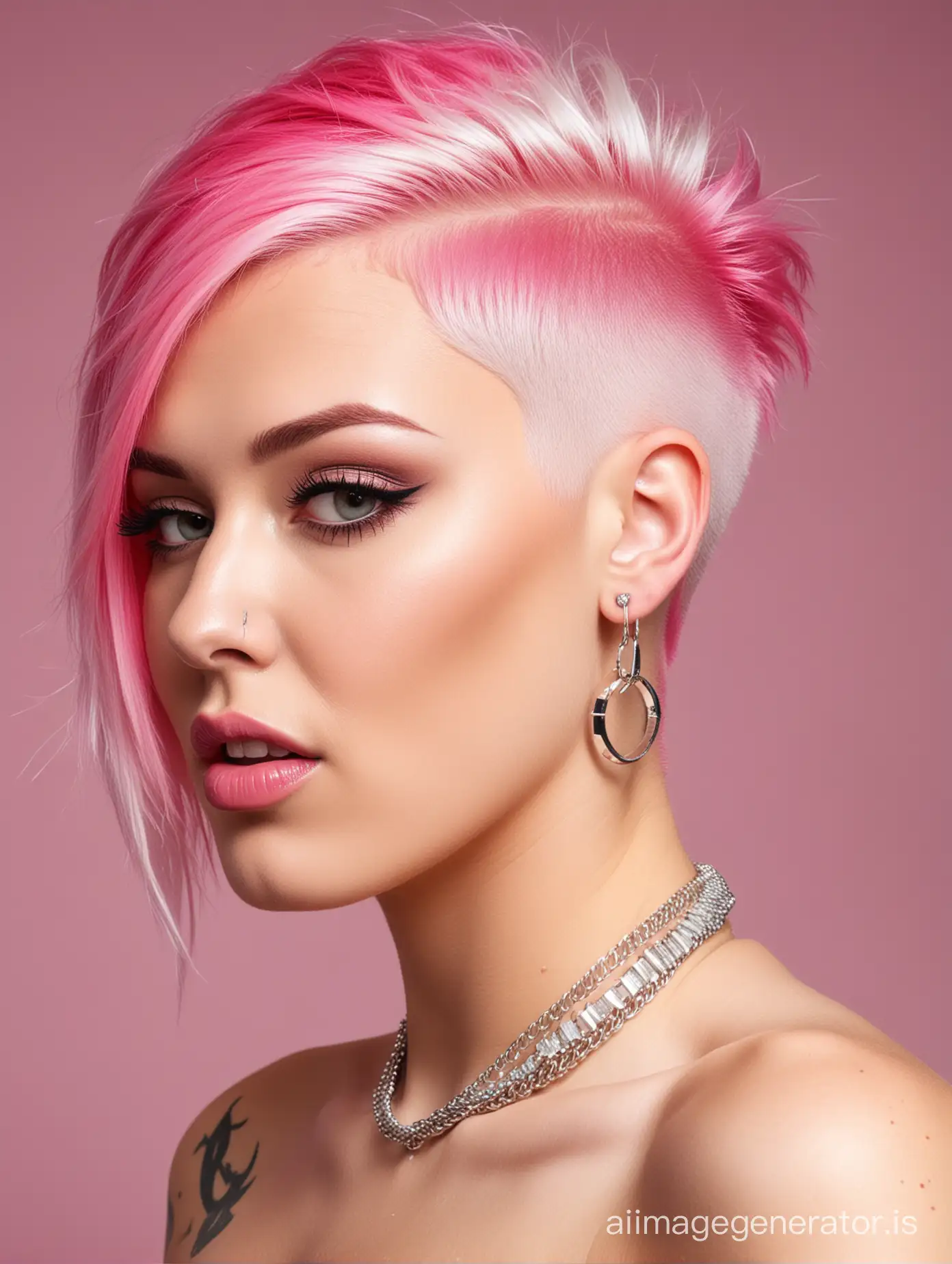porn star with assymetric hairstyle dyed bright pink and bleached white in a shaved side and nape undercut hairstyle. She has multiple ear piercings with a nose ring. She has large breast implants and is naked.